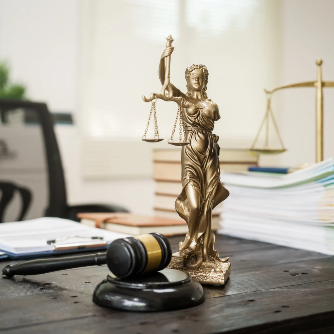 Justice symbol with documents and gavel